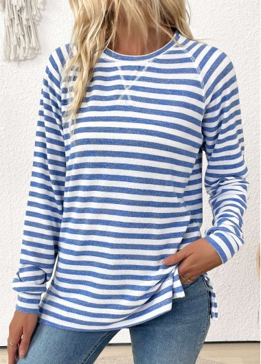 Modlily Light Blue Striped Long Sleeve Round Neck T Shirt - XXL