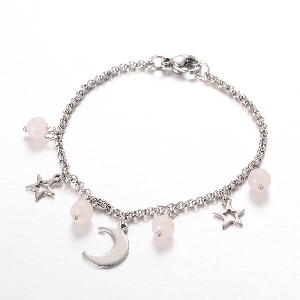 Moon & Star Stainless Steel Gemstone Charm Bracelets