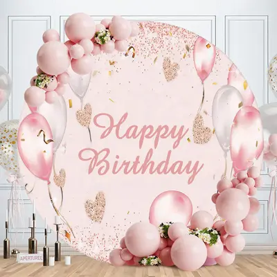 Aperturee Pink Glitter Balloons Circle Happy Birthday Backdrop
