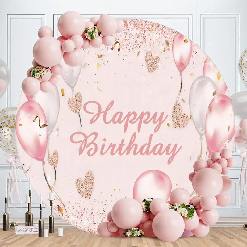 Aperturee Pink Glitter Balloons Circle Happy Birthday Backdrop