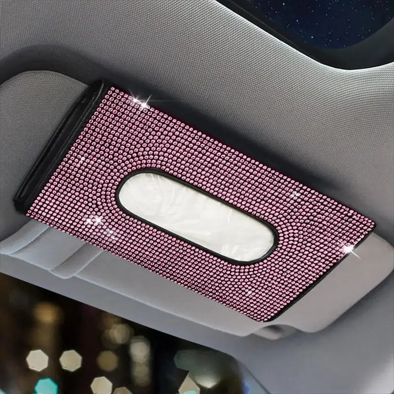 Car Tissue Box, Car Sun Visor Tissue Storage Box, Glitter Artificial Rhinestone Shiny Tissue Bag, Artificial Crystal Car Bac...