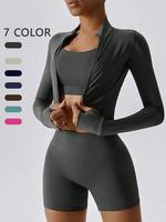 Women's Plain Tracksuit Set, High Stretch Long Sleeve Thumb Hole Design Zip Up Crop Sports Jacket & High Waist Skinny Shorts,...