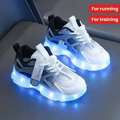 Casual Cool Rechargeable LED Sneakers For Boys, Shock-absorbing Non-slip Running Training, Light Up Sport Shoes