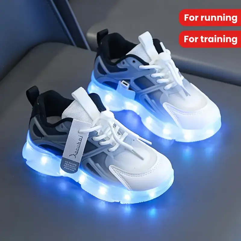 Casual Cool Rechargeable LED Sneakers For Boys, Shock-absorbing Non-slip Running Training, Light Up Sport Shoes