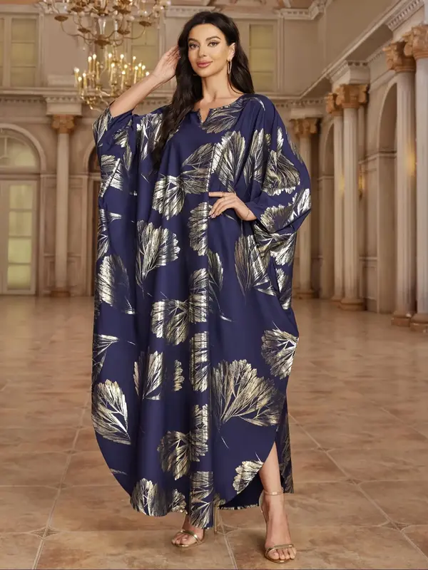 Women's All Over Plants Print Batwing Sleeve Kaftan, Modest Long Sleeve Notched Neck Dress for Party Holiday Vacation, Ladies...