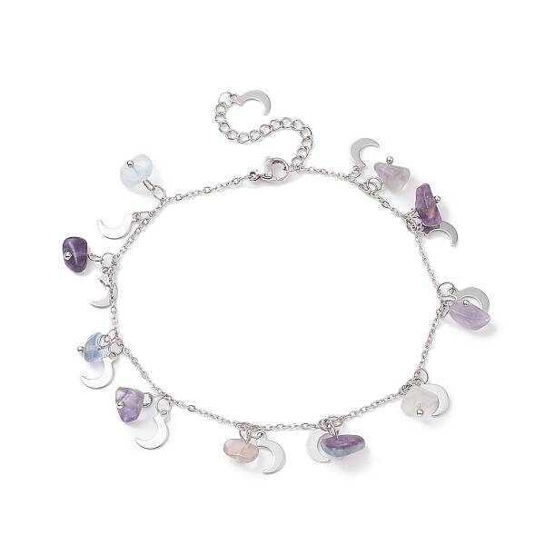 Natural Fluorite Chips & Moon Charms Anklet