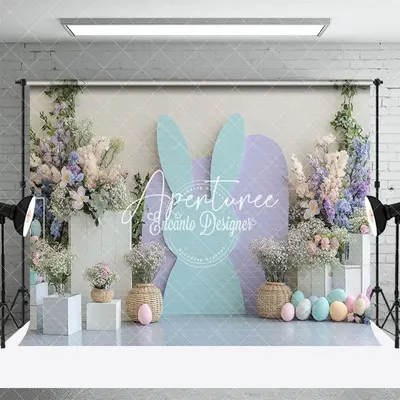 Aperturee Green Purple Bunny Spring Floral Eggs Easter Backdrop, 3X2FT(1MX0.6M), 14 USD, easter backdrops, ENHD3J72-M