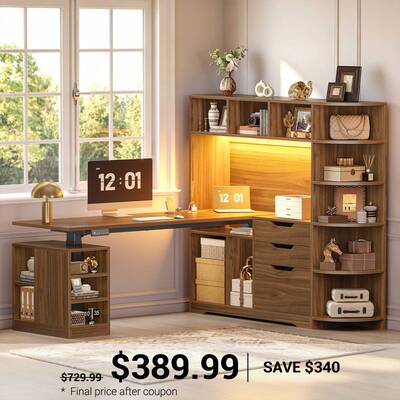 SEDETA ® 59 Inch L Shaped Standing Desk with 3 Drawers LED Light and Bookshelves Office Stand Up Corner Desk with Hutch Open...
