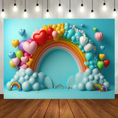 Blue Rainbow Heart Balloon Happy Birthday Backdrop - Aperturee