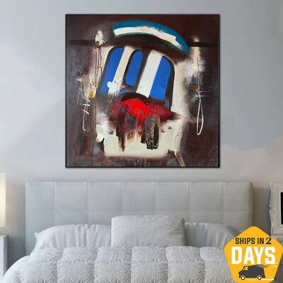 Abstract Blue And White Bars Artwork Original Colorful Oil Painting Textured Wall Art for Home Decor | FORSAGE 39.4"x39....