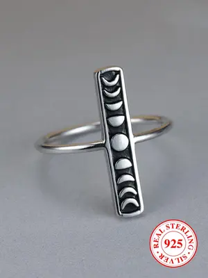S925 Sterling Silver Vintage Crescent Moon & Star Design Ring, 2024 New Style Fashion Jewelry for Party, Daily Clothing Decor...