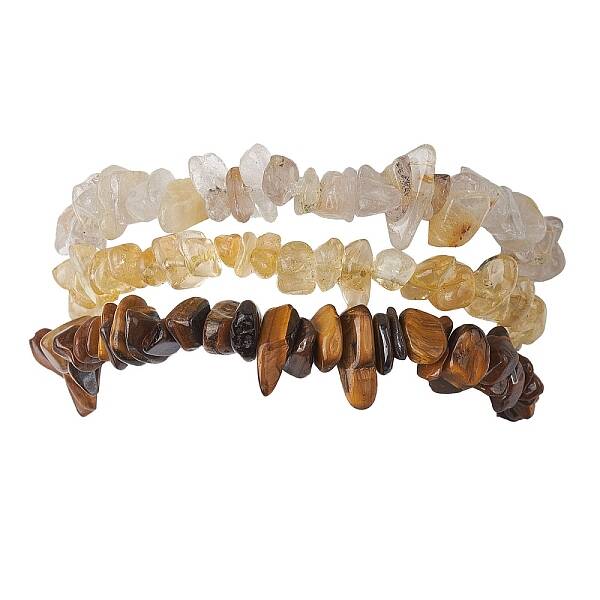3Pcs Natural Citrine & Natural Tiger Eye & Natural Gold Rutilated Quartz Chip Beaded Stretch Bracelet Sets