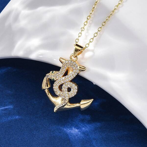 Brass Micro Pave Clear Cubic Zirconia Anchor Snake Pendant Necklaces