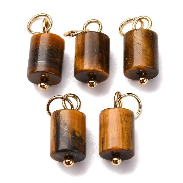 Natural Tiger Eye Column Charms with 304 Stainless Steel Jump Rings