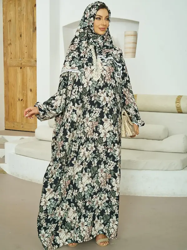 Casual Floral Print Hooded Prayer Dress with Hat Elegant Long Sleeve Maxi Muslimwomens Clothing