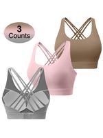 Women's Solid Criss Cross Back Sports Bra, Breathable Comfortable High Impact Running Workout Bra, Ladies Sportswear for Indo...