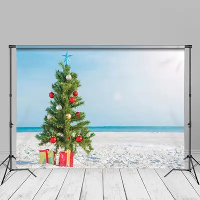 Blue Sky Beach Green Tree Christmas In July Backdrop - Aperturee