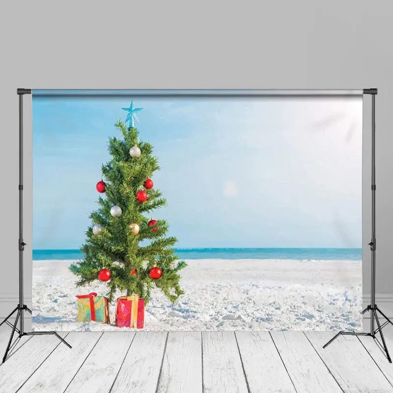 Blue Sky Beach Green Tree Christmas In July Backdrop - Aperturee