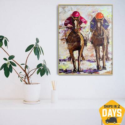 Polo Female Players Fine Unique Pop Art Painting Polo Art Original Horse Polo Oil Painting On Canvas | JOCKEYS 35.8"x24&...
