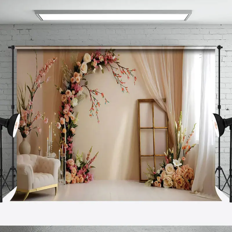 Aperturee Beige Wall Romantic Floral Wedding Photo Backdrop