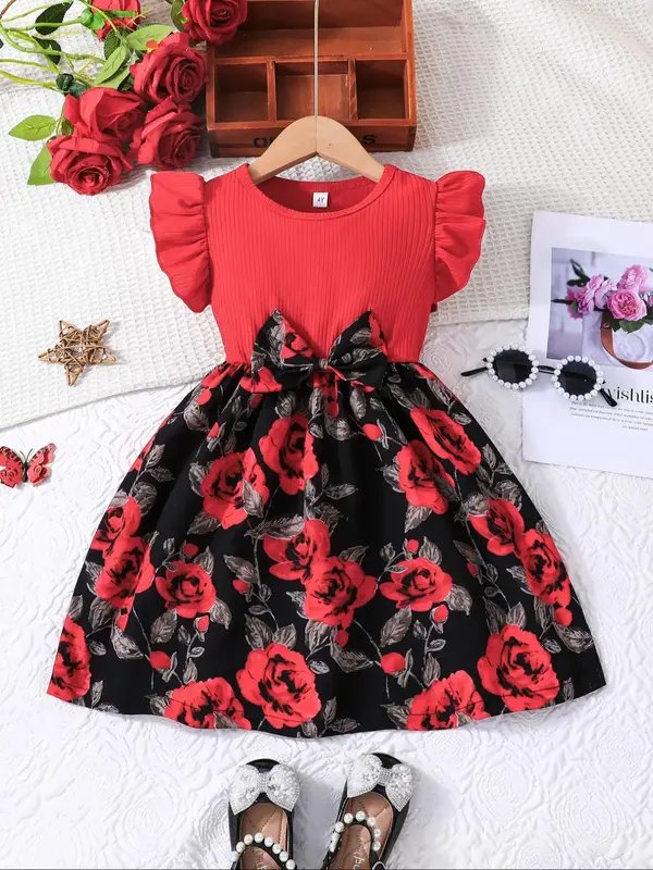 Toddler Girl's Floral Print Bow Decor Dress, Cute Sleeveless Knit Dress for Summer, Kids Clothes for Daily Wear