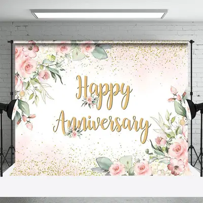 Elegant Boho Floral Gold Happy Anniversary Backdrop - Aperturee