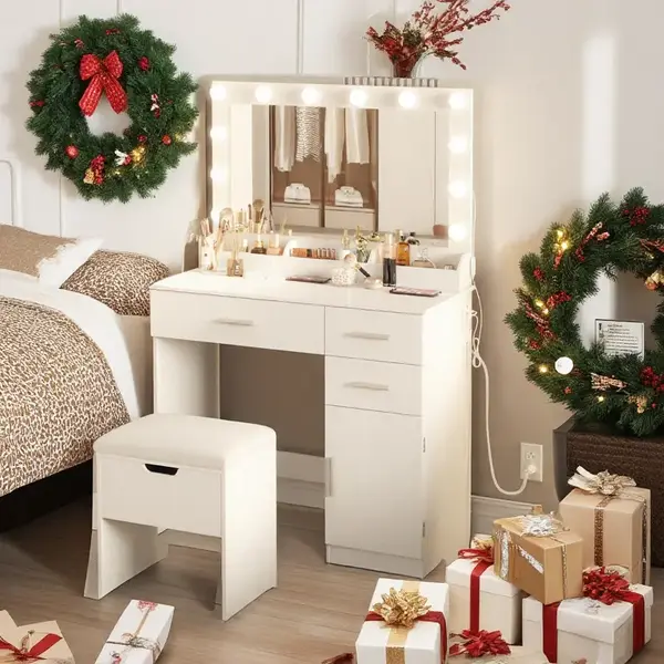 Lifewit Vanity with Large Mirror & Lights, Adjustable Lighting, USB Ports, Storage Stool, 3 Drawers, Cabinet  Open Storage Gi...