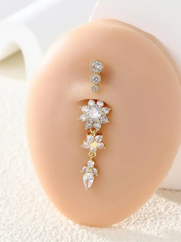 1 Piece Minimalist Elegant Rhinestone Flower Decorated Navel Ring, Simple Design All-match Stylish Navel Ring, Women's Casual...