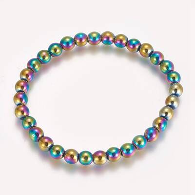 Electroplated Non-magnetic Synthetic Hematite Beaded Stretch Bracelet
