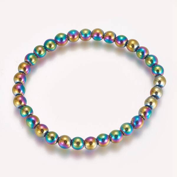 Electroplated Non-magnetic Synthetic Hematite Beaded Stretch Bracelet