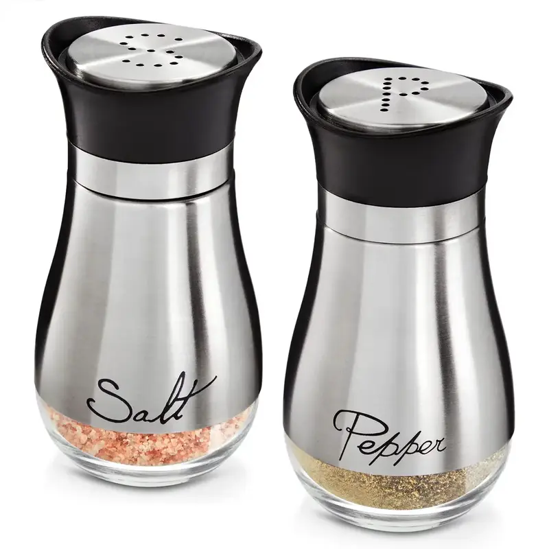 Stainless Steel Salt & Pepper Seasoning Jar Set with Glass Bottles, Spice Dispenser Kitchen Accessories for Tables, RVs, Camp...
