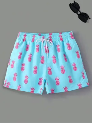 Men's Pineapple Print Grommet Eyelet Drawstring Shorts, Shorts for Men, Regular Fit Casual Elastic Waist Pocket Beach Vaca...