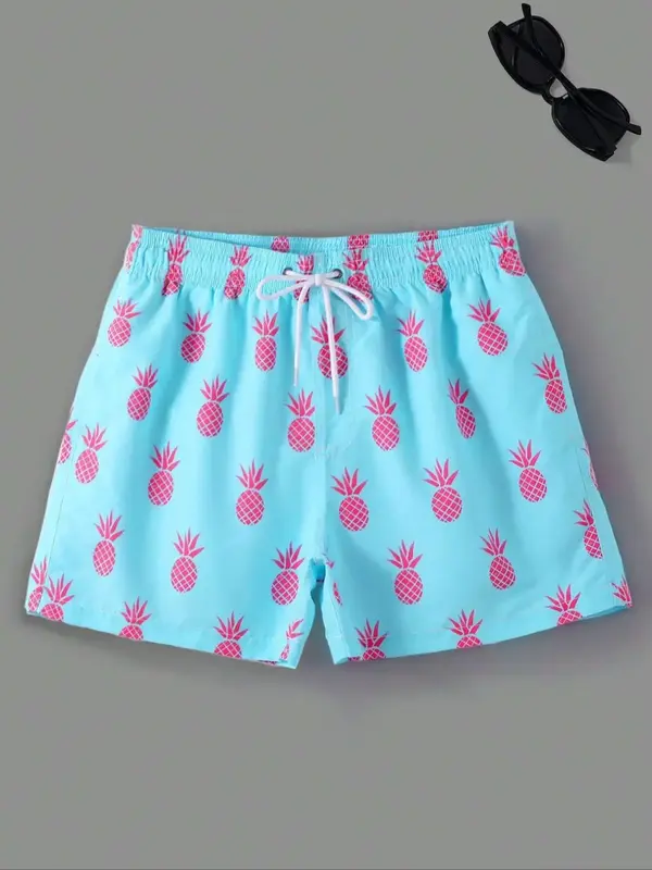 Men's Pineapple Print Grommet Eyelet Drawstring Shorts, Shorts for Men, Regular Fit Casual Elastic Waist Pocket Beach Vaca...