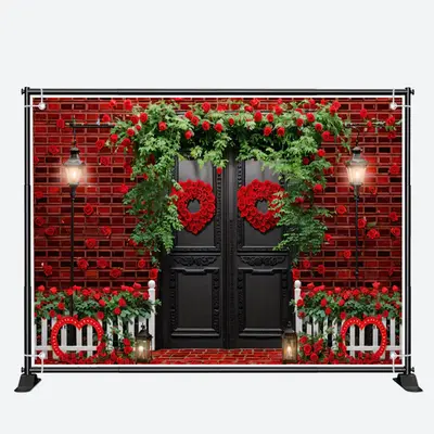 Red Brick Wall Door Floral Valentines Day Backdrop - Aperturee