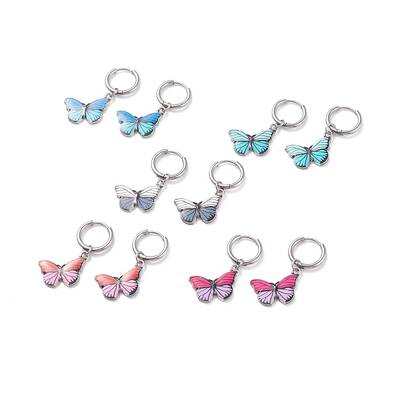 Two Tone Butterfly Dangle Hoop Earrings