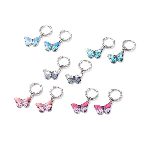 Two Tone Butterfly Dangle Hoop Earrings