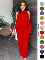 Women's Solid Color Crop Sleeveless Top & Wide Leg Pants Two-piece Set, Casual Fashion Cozy Two Piece Outfits for Daily Outdo...