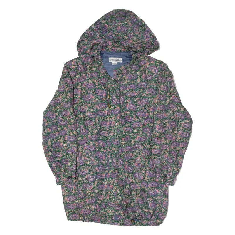 WHITE COLLAR BEAUTY Womens Overcoat Coat Green Silk 90s Hooded Floral S