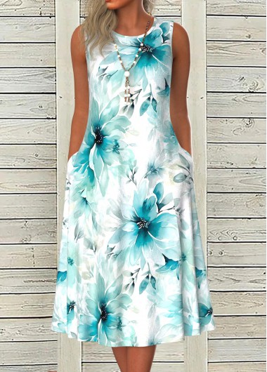 Modlily Blue Tummy Coverage Floral Print Sleeveless Round Neck Dress - XL