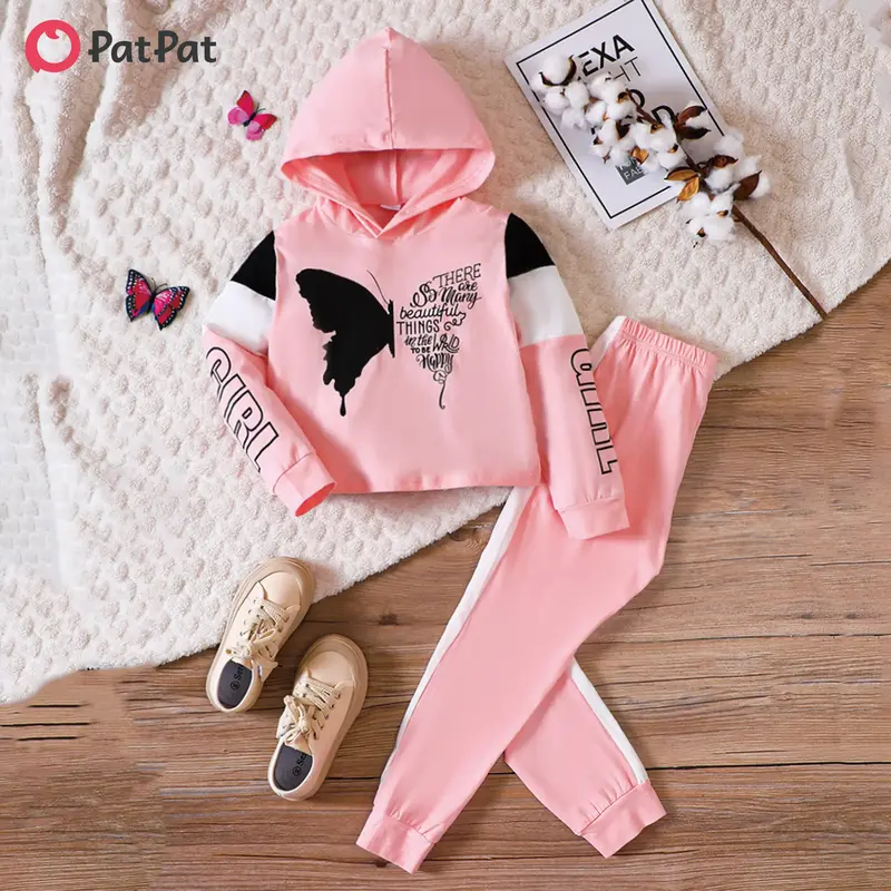 PatPat Kid Girl Butterfly Print Letter Hooded Sweatshirt and Pants Set
