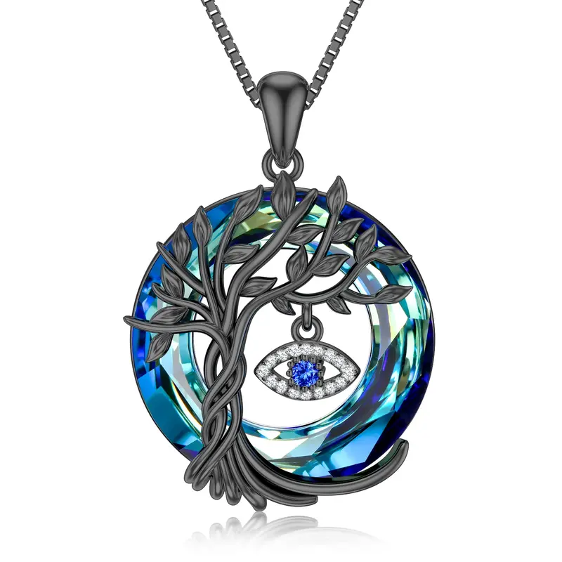 Sterling Silver with Black Color Plated Circular Shaped Tree Of Life & Evil Eye Crystal Pendant Necklace
