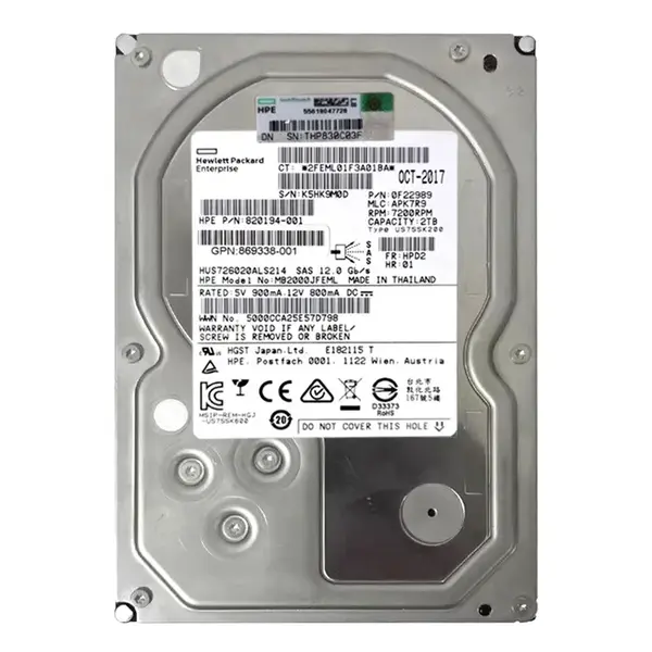820194-001 HP 2TB 7200RPM SAS 12Gb/s Hot-Swap 3.5-inch Midline Hard Drive