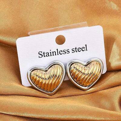 304 Stainless Steel Two Tone Heart Stud Earrings