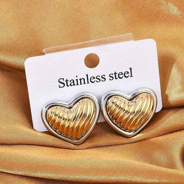304 Stainless Steel Two Tone Heart Stud Earrings