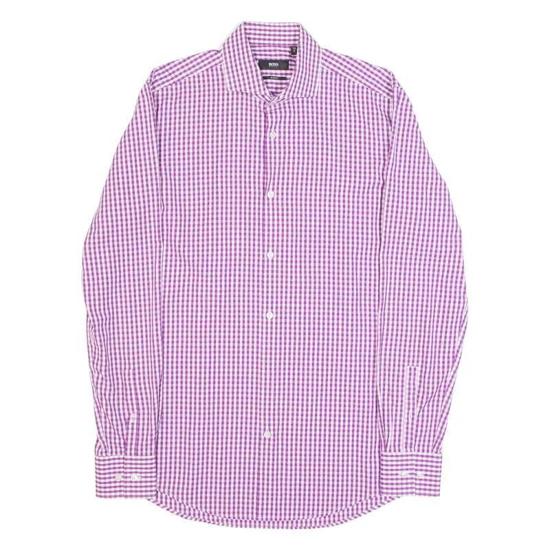 HUGO BOSS Slim Fit Mens Shirt Purple Gingham Long Sleeve S