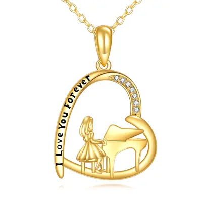 14K Gold Cubic Zirconia Piano Girl Pendant Necklace