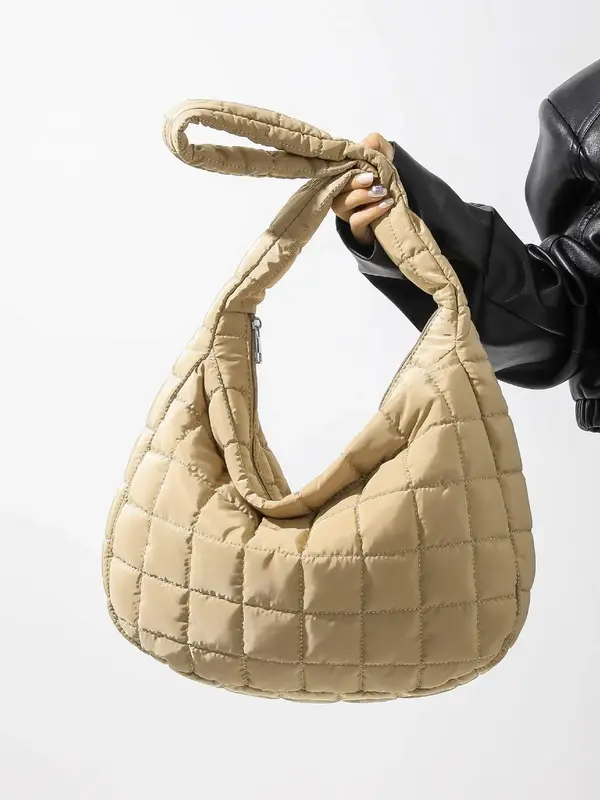 Summer 2025 Women's Solid Quilted Zip Shoulder Bag As Gift, Large Capacity Puffer Shoulder Work Bags, Minimalist Versatile Cr...
