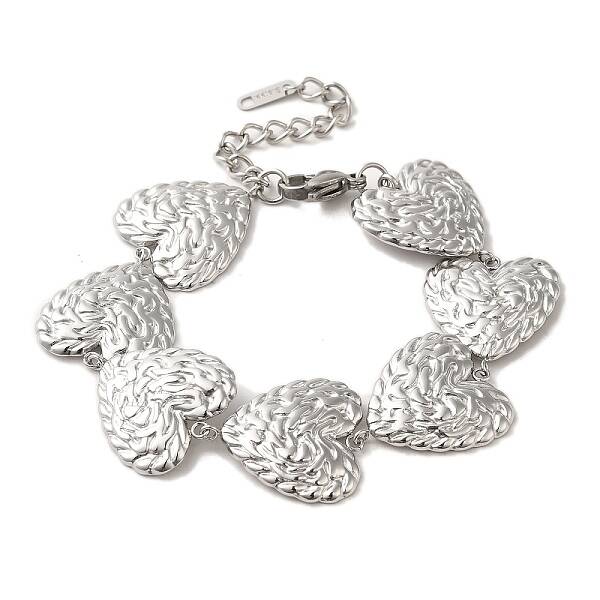 Non-Tarnish 304 Stainless Steel Textured Heart Link Chain Bracelets