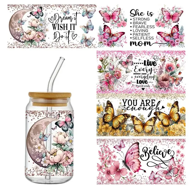 Butterfly & Floral Design UV DTF Sticker, 5 Counts/set Waterproof Self-Adhesive Libbey Glass Decorative Paper Decals, Inspi...