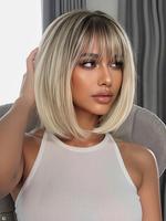12 Inch Short Straight Wigs for Women, Gorgeous Fluffy Wigs with Curtain Bangs, Synthetic Full Machine Wigs for Party, Daily ...